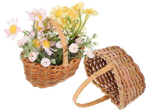 Amosfun Mini Basket Rattan Brown 2 Pcs 7.00X7.00X5.30cm | Rattan mini basket, brown, 2-pack, 7x7x5.3cm, decorative piece, for dollhouse, tabletop, candy and floral display.
