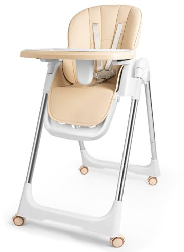 HENGMEI Hochstühle Kinderstuhl Esstisch Faltbar Babystuhl Kinder Sitzerhöhung Kindersitz für Baby 6-36 Monate Tischstuhl mit Tisch Tablett Tragbarer Außenbereich Drinnen (Beige)