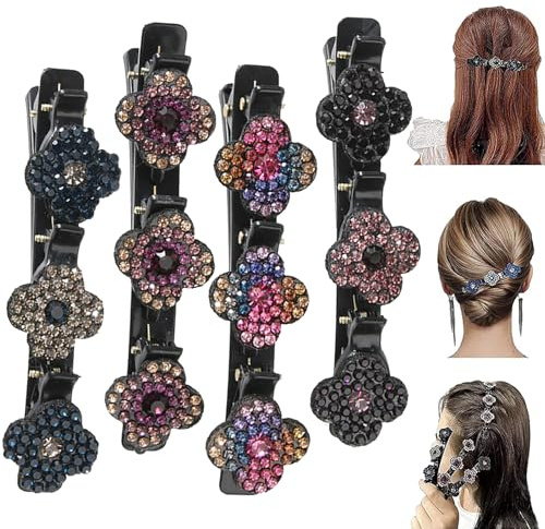 4 Pezzi Fermagli per capelli laterali a tre fiori, fermagli per capelli con strass Clover, Molletta Fermaglio per Capelli con Strass Glitterati Per Donne, Fermagli Capelli Regalo per Donne