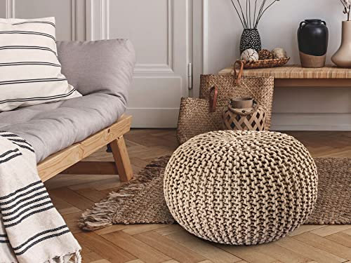Abato Pouf Ø 45 cm Sitzpouf Strickhocker Sitzpouf Bodenkissen nachhaltig Grobstrick Optik, extra stabil, passend für jeden Wohnraum, fair gehandelt, 100% Baumwolle Naturmaterial beige