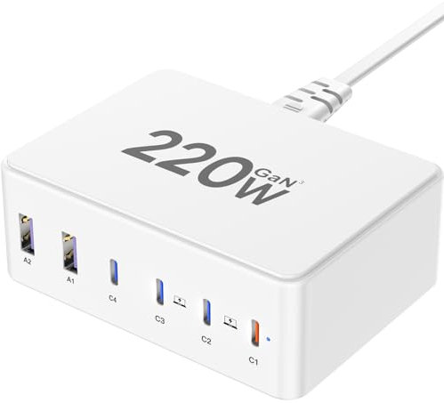 220W Caricatore USB C, 6-Port GaN Stazione di Ricarica Multipla mit 4 USB-C e 2 USB-A PD 100W PPS 3.3 Fast Charger, Caricabatterie per MacBook Pro Laptop i Phone i Pad Samsung Huawei