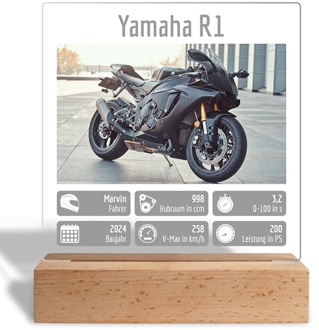 Motorrad Geschenk für Motorradfahrer: Acrylglas-Aufsteller personalisiert mit Foto & Daten - Fotogeschenk für Biker Motorrad-Fans Männer & Frauen - 15x18 cm, inkl. Holzständer (Motorrad)