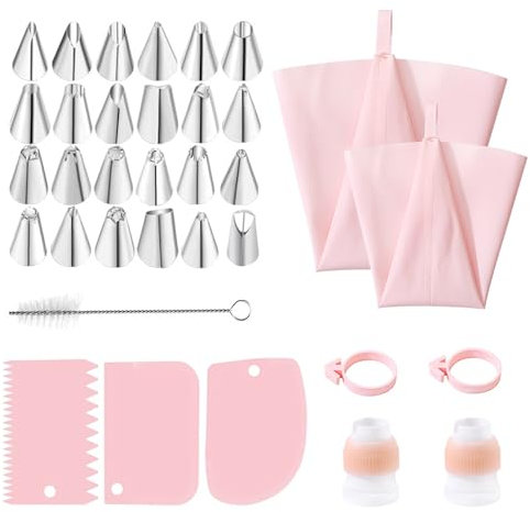 Juego de boquillas pasteleras, 34 unidades, mangas pasteleras con boquillas, boquillas de acero inoxidable, reutilizables, espátulas de masa, accesorios para decorar pasteles, pasteles, galletas,