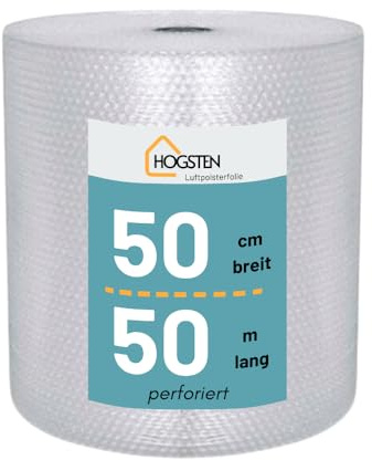 HOGSTEN Luftpolsterfolie Rolle 50m x 50cm Perforiert - Noppenfolie für Versand, Verpackung und Umzug -100% recycelbar - Bubble Wrap Polstermaterial Verpackungsmaterial 50my (0,5m x 50m)