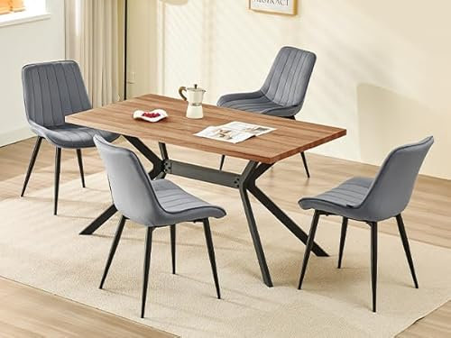 LEWE Esszimmergruppe, Esstisch aus Holz mit 4 Holland Samt Stühle Set, 140 x 80 x 76 cm Tisch, für Esszimmer Küche Wohnzimmer, Langlebig, Rechteckiger Esstisch aus dunklem Holz und dunkelgrauer Stuhl