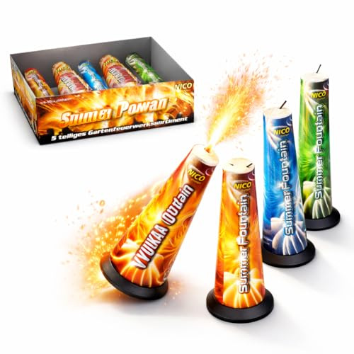 FLAME X BURN Summer Fountains - Juego de 4 artículos de mesa y diversión juvenil cat. F1 para fiestas, Nochevieja y niños y jóvenes 2025