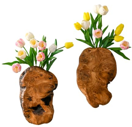 JOLLYMER 2er-Pack Zedernholz-Wandvasen mit lebendem Rand – natürliche Kante hängende Blumenvase, organische Wurzel geschnitzt, rustikale Heimdekoration, handgefertigte Wandvase aus Holz (Blumen nicht