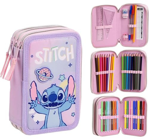 CERDÁ Life'S Little Moments Giotto Plumier con Accesorios Stitch con Rotuladores, Lápices y Bolígrafos | Estuche Escolar Infantil Completo con Diseño Disney