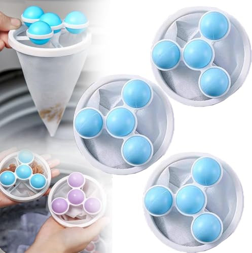 3PC Filterbeutel Waschmaschine Haarentferner, Floating Hair Filtering Mesh Removal, Anti Fussel BäLle Waschmaschine, Wiederverwendbarer Tierhaarentferner Waschmaschine für Hundehaar Katzenhaare (Blau)