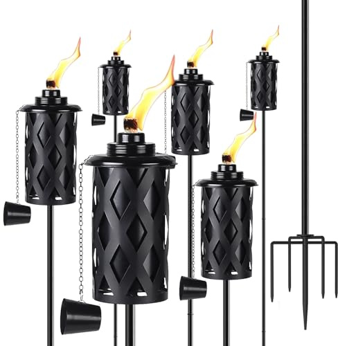 ZSPENG Upgraded 60 Inch Citronella Torches for Outside Set of 6, 16 Oz Outdoor Garden Torches with 5-Prong Grounded Stake, Metal Torch for Garden Décor, Outside Torches for Backyard, Garden, Patio