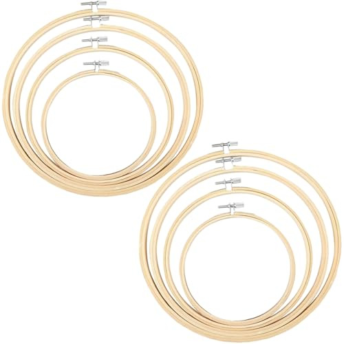 Yosugar Juego de 8 aros de bordado redondos de bambú, 10 cm, 13 cm, 17 cm y 20 cm, sin rebabas y ajustables, para punto de cruz y bordado a mano