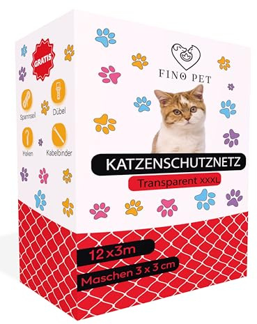 FinoPet Rete per gatti, 12 x 3 m, per balcone, trasparente, con materiale di fissaggio, rete di protezione per gatti, rete a griglia per gatti, rete di protezione, rete di sicurezza, rete per balcone