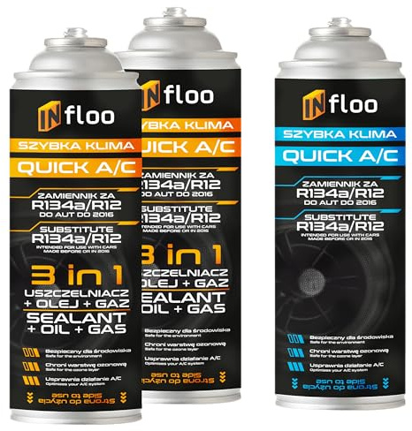 INfloo 2x Quick A/C 3en1 R134a (Gas + Aceite + Sellador) + 1x Quick A/C Gas R134a | Recarga para A/C coche hasta 2016 | Incluye guantes