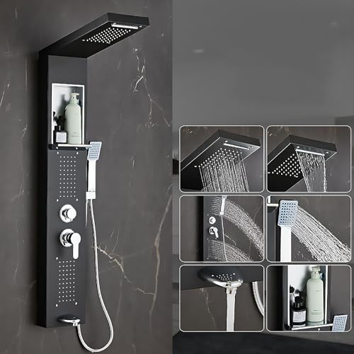 Colonne de douche avec étagère, colonne de douche, pommeau de douche effet pluie et cascade, robinet de douche à 5 fonctions avec jets de massage, bec de baignoire, montage mural