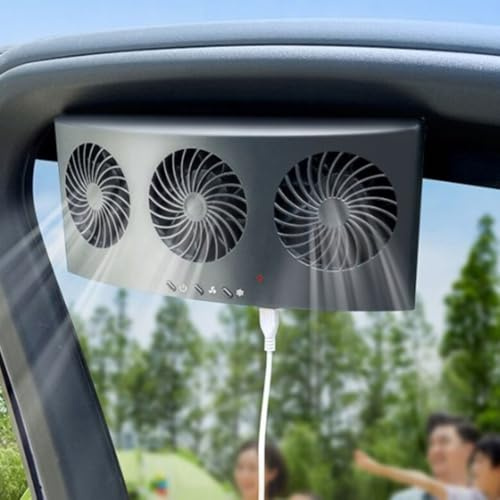 USB Rechargeable Car Window Fan with 3 Air Outlets, usb car exhaust fan car window ventilator High 4000 RPM Cooling Ventilator for All Vehicle Models(Black | Power on)