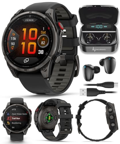 Wearable4U - Garmin Fenix 8 Pro 47mm AMOLED Sapphire Premium Connected Multisport GPS Smartwatch, inReach Technology, Carbon Gray DLC Titanium w/Black Silicone Band with Black Earbuds Bundle