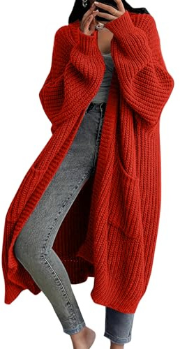 FUPODD Strickjacke Damen Lang Grobstrick Strick Cardigan Warm Lange Strickjacken Mit Taschen Winter Longstrickjacke Schalkragen Strickmantel Frauen Elegant Grobstrickjacke Dicke Damenstrickjacke