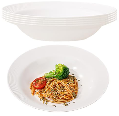 GOEDCH 6 fideos de espagueti: PP plástico para sopa, plato hondo diámetro 208 cm, fideos anchos, multifuncionales para cocina y vida cotidiana, diámetro 21,5 cm, redondo, color blanco perla