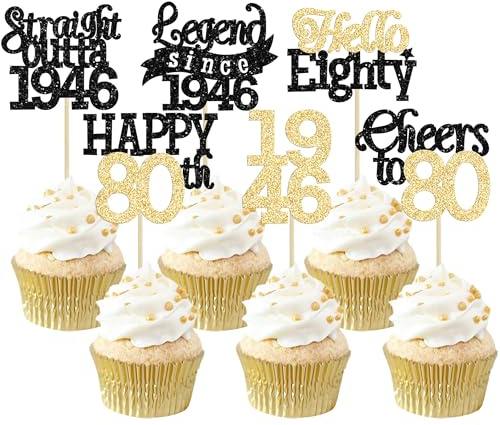 Gyufise 24Pcs Happy 80th Birthday Cupcake Toppers Hello Eighty Legend Since 1946 Cupcake Picks Cheers to 80 Years Cake Decorations for 80th Birthday Anniversary Party Supplies Black Gold