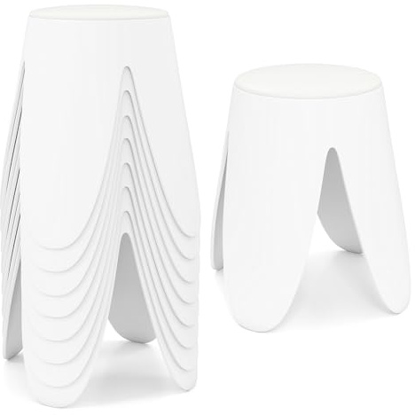 COSTWAY Lot de 8 Tabourets Empilables, Tabourets de Bars Ronds en PP, Siège en Simili Cuir, pour École Salon Bureau Salle à Manger, Charge 150 kg, 45 x 45 x 46 cm, Blanc(4 Pattes)