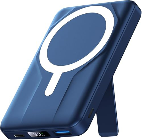 Azmuth Batterie Externe pour MagSafe, 10000mAh Magnétique Power Bank | Charge Rapide PD 20W, Powerbank sans Fil 15W, Support Pliable, Affichage LED, pour iPhone 17/16/15/14/13/12 Séries, Bleu