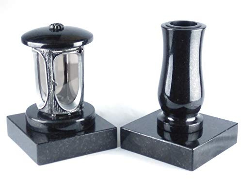 designgrab Runde Grablampe mit Rosette & Vase aus Granit im Set mit 2 Sockeln – handgefertigt, wetterfest & poliert – Schwedisch – schwarz