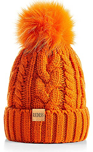 REDESS Damen Winter Bommel Beanie Mütze mit warmem Fleece gefüttert, Dicker Slouchy Snow Knit Skull Ski Cap
