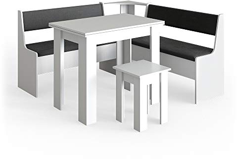 Vicco Conjunto con Banco esquinero Roman, Blanco, 150 x 150 cm con Mesa, Apto para colocación en Esquina en cocinas y comedores