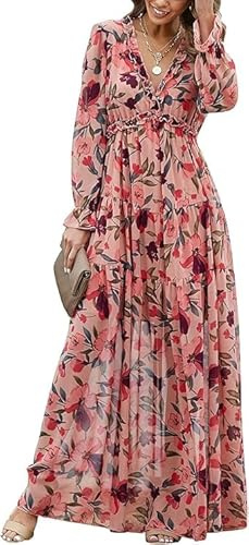 Vestito fluido, da donna, con volant, lungo, stampa floreale, a maniche lunghe, elegante, in chiffon, multicolore, XL
