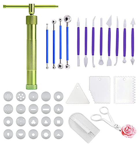 Allazone 19 PCS Extrudeuse D'argile en Acier Inoxydable avec 20 PCS Disques de Forme, Outil de Décoration de Fondant de Gâteau pour La Décoration de Gâteaux, Fabrication D'argile