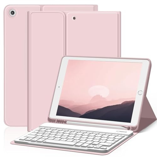 ZOYU Tastatur Hülle für iPad 9./8./7. Generation 10,2 Zoll 2021/2020/2019 | Für iPad 10,2 9/8/7 Gen, Magnetisch Abnehmbarer Bluetooth Keyboard Folio mit Stifthalter, QWERTZ Layout, Rosa
