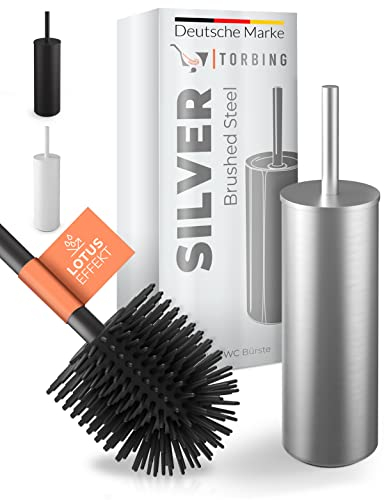 TORBING Design Klobürste Edelstahl - Hygienische WC Bürste Silikon - blickdichter Halter - Toilettenbürste mit Lotuseffekt - Modernes und Elegantes Design - Verlängerter Griff (Brushed Steel Silver)