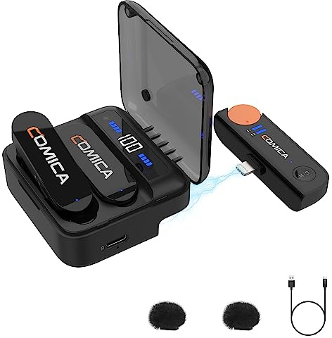 COMICA Vimo S MI 2.4Ghz Wireless Lavalier Microphone with Charging Case, MFI Certified, 656' Range, Monitoring, Wireless Microphone for Video Recording Vlog on Youtube（Lightning）