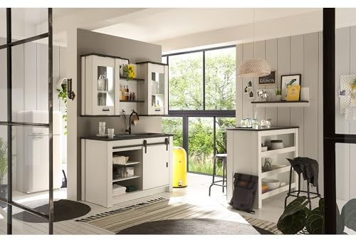 Lomadox Küchenmöbel Küchen Komplett Set mit Spültisch inkl. Scheunentorbeschlägen, Hängevitrinen mit Softclose-Funktion, Wandregalen und Küchentheke in Pinie weiß Nb. mit anthrazit