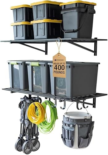 StoreYourBoard Garage Shelving Wall Mounted | 2x4 Heavy Duty Garage Wall Shelves 2-Pack, 24” Deep x 46.5” Long | Steel Garage Storage Rack Wall Mounted with Hooks, 200 lb Each / 400 lb Total, Black