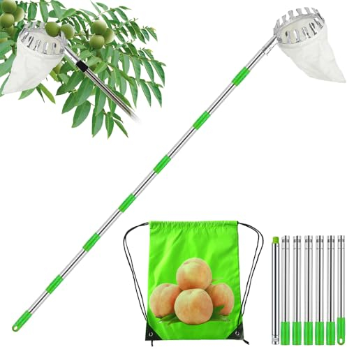 Obstpflücker,Apfelpflücker,Pflückhilfe 3M,Obstgreifer Einfach zu Montieren,Kirschenpflücker mit Leichter Edelstahl Verlängerung Verbindungsstange und Baumwollbeutel Ø16 cm