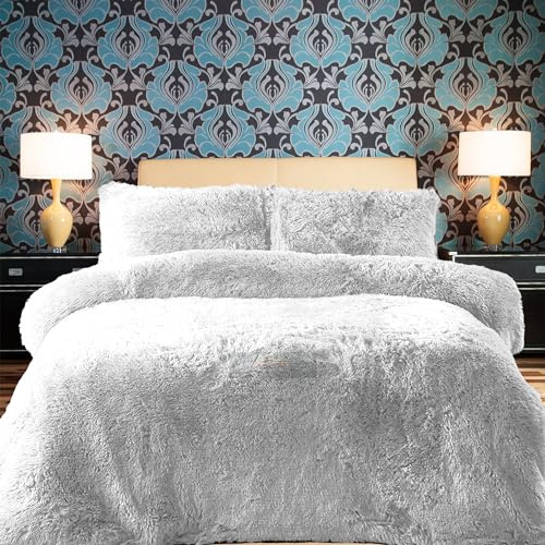 PARADISE STAR Teddy Fleece påslakan sängkläder set med matchande örngott fluffig termisk varm och mysig vit kung 230 cm x 220 cm ungefär
