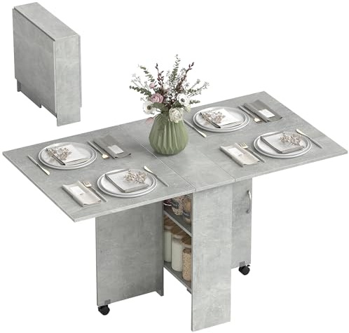 HOMCOM Table Pliante de Cuisine Salle à Manger Amovible sur roulettes 75L x 140l x 74H cm 2 étagères intégrées en Bois Coloris Gris