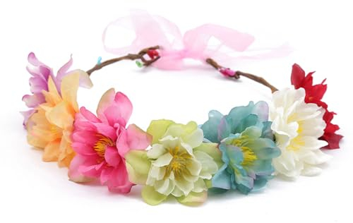 Whakano 1 Stück Blumenkranz Sonnenblume Krone Stirnband,Blumen Stirnbänder Kopfschmuck Boho Haarbände mit Verstellbarer Gürtelfür,Damen Mädchen,Haarschmuck für Festival Party Hochzeit Strand,Bunt