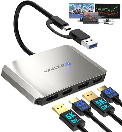 WAVLINK DisplayLink USB 3.0 or USB C to DisplayPort HDMI Adapter, Dual 5K/4K @ 60Hz 4IN1 Monitor Hub for Windows and Mac M1/M2-Silver