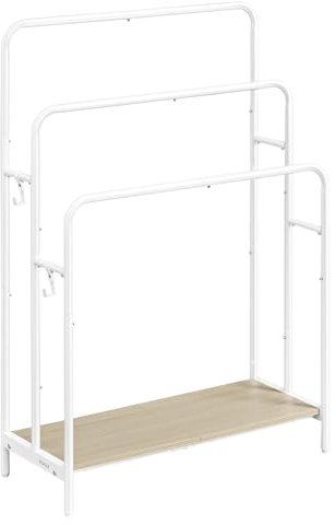 VASAGLE Porte Serviette Salle de Bain, Range Serviette, sur Pied, 3 Barres, 70 x 30 x 100 cm, 2 Crochets, Étagère de Rangement, Blanc Mat et Beige Naturel LLS019W01