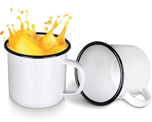 Augenstern 2 Pcs 17 oz Enamel Camping Coffee Mugs Drinking Tea Cups with Handle White Metal Enamel Mug Portable Vintage Round Enamel Cup Mugs for Coffee Tea Picnic Travel Home Office