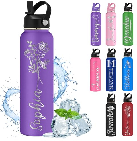 Bouteille d'eau personnalisée Gourde Avec Couvercle En Paille, Bouteilles Isolées Avec Nom Gravé Pour l'École Le Bureau Cadeau Double Paroi En Acier Inoxydable