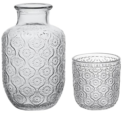 Juego de Jarra de Agua y Vaso Junto a la Cama Jarra de Noche y Vaso de Agua Juego de Jarra con Tapa de Vidrio Jarra de Agua de Vidrio Vintage para Dormitorio (B)