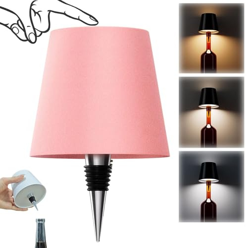 Lampada per bottiglia senza fili, 3 colori, dimmerabile continuamente, lampada a LED ricaricabile con controllo touch, paralume senza fili per camera da letto, ristorante, bar (rosa, confezione da 1)
