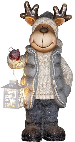 HOMCOM figura decorativa natalizia, renna con lanterna, figura natalizia da 52 cm con luce LED, figura decorativa per Natale, per interni ed esterni, in metallo