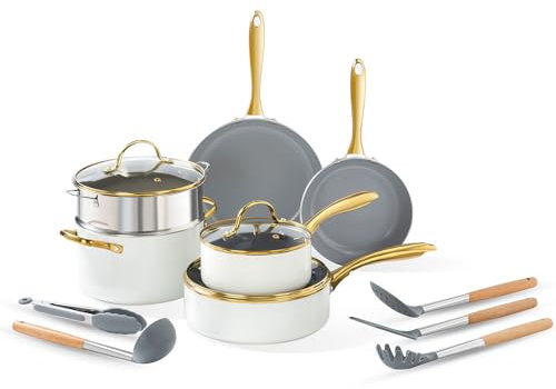 OUBRL Ceramic Cookware Set,Healthy,Non Toxic,Pot and Pan Set Non Stick, Kitchen Induction Cooking Sets, with silicione Utensils,Dishwasher/Oven Safe,PFOS/PFOA Free