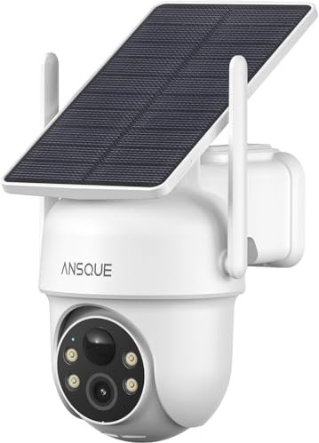 ANSQUE Telecamere di sicurezza Sistema domestico esterno wireless, senza costi di abbonamento, alimentazione solare, archiviazione locale, durata della batteria di 365 giorni, sorveglianza PTZ a 360°,