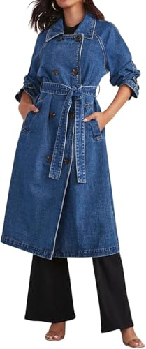 Suncadmious Trench Lungo in Denim Doppiopetto Casual da Donna Trench con Giacca di Jeans con Cappotto spolverino con Cintura (Blu,L)