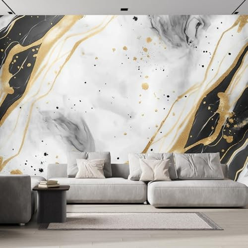 Fototapete Weißer Marmor Tapete Fototapete， Schwarze Graffiti Goldene Streifen Tapete Wandbilder Wohnzimmer Schlafzimmer Kinderzimmer Dekoration Moderne Wanddeko 150×105 cm